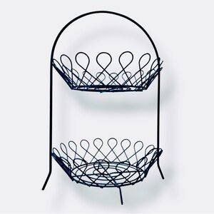 VINTAGE Black Wrought Iron Metal Two-Tier Basket Fruit Stand w Handle 18” Tall